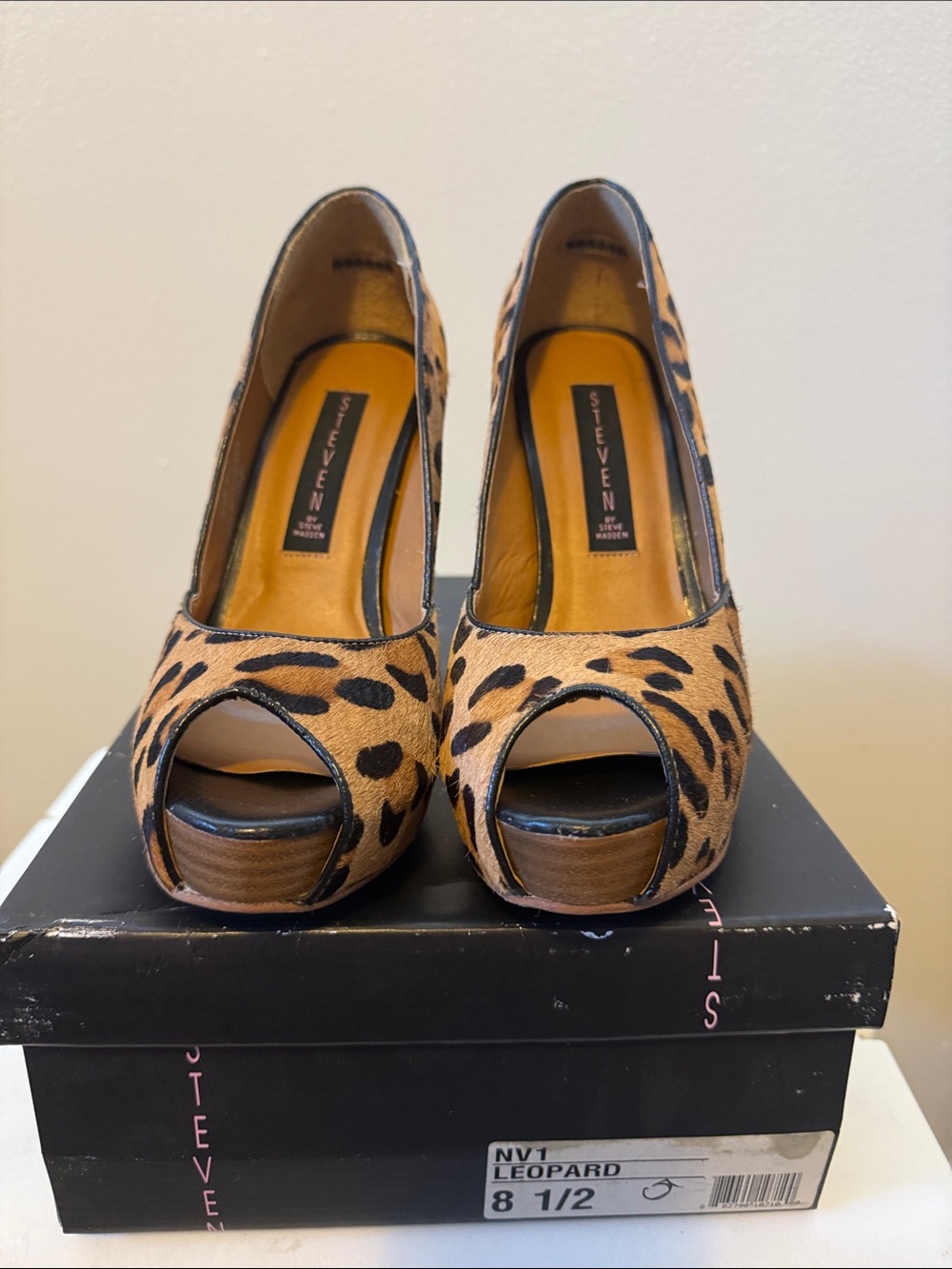 Steve Madden Leopard Print Peep-Toe Platform Heels - Tan/Black